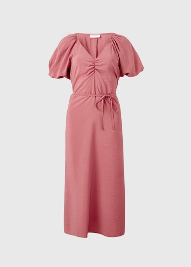 Pink Puff Sleeve Tie Detail Midi Dress