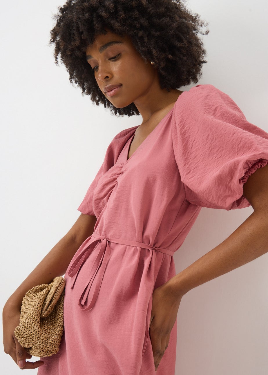 Pink Puff Sleeve Tie Detail Midi Dress