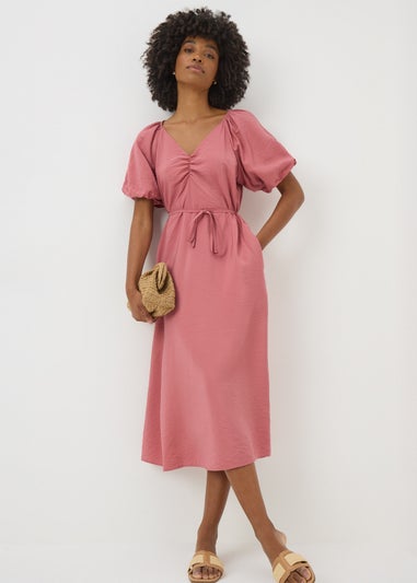 Pink Puff Sleeve Tie Detail Midi Dress