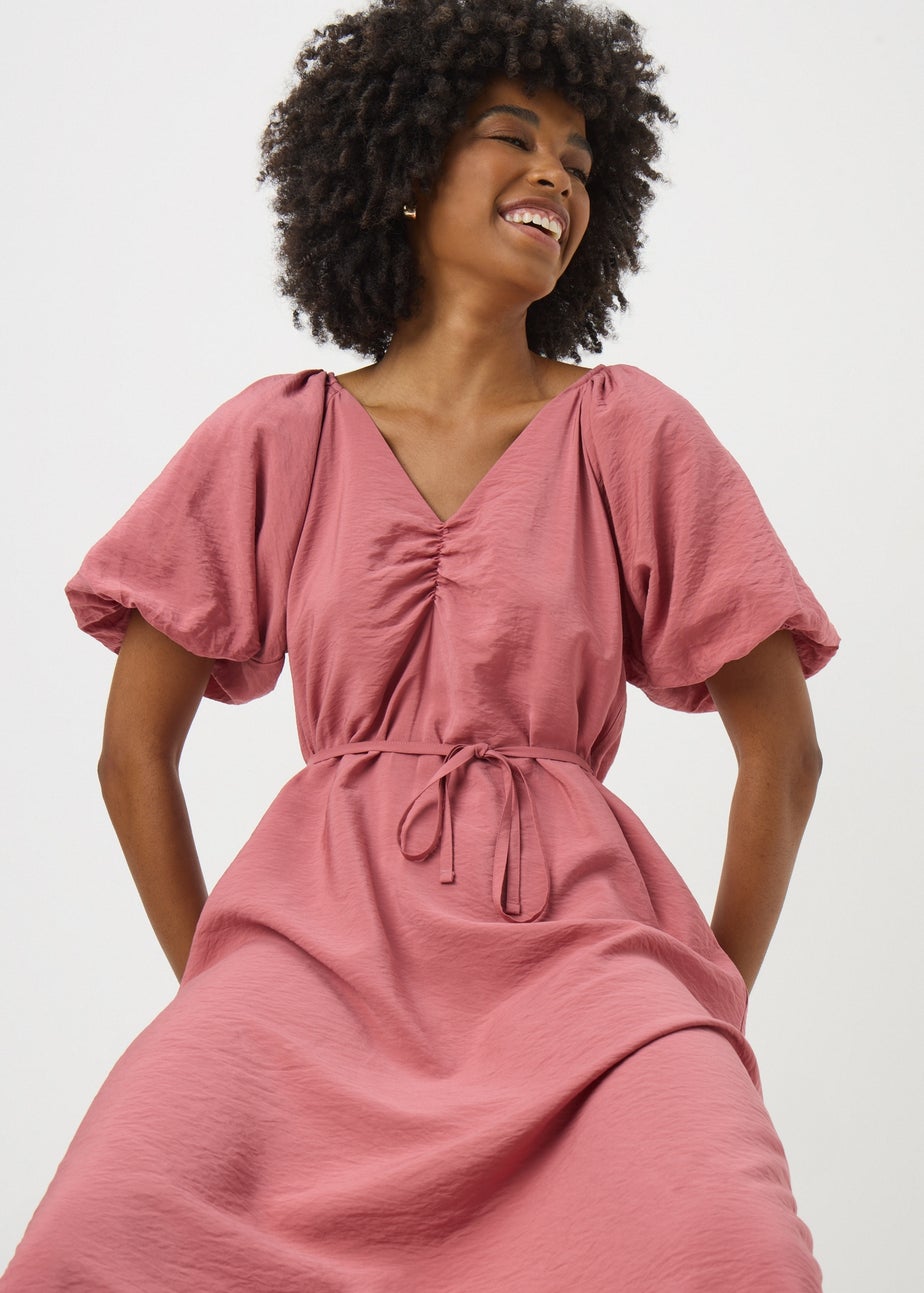 Pink Puff Sleeve Tie Detail Midi Dress