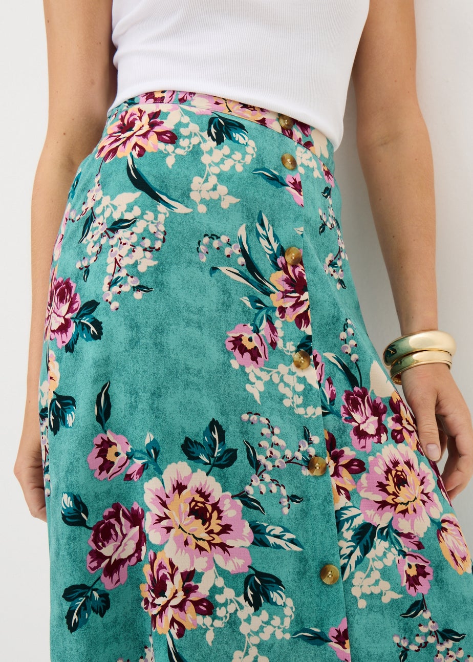 Green Floral Button Flared Hem Skirt