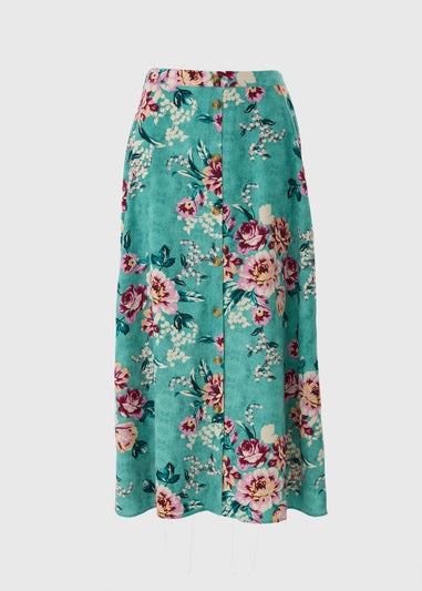 Green Floral Button Flared Hem Skirt