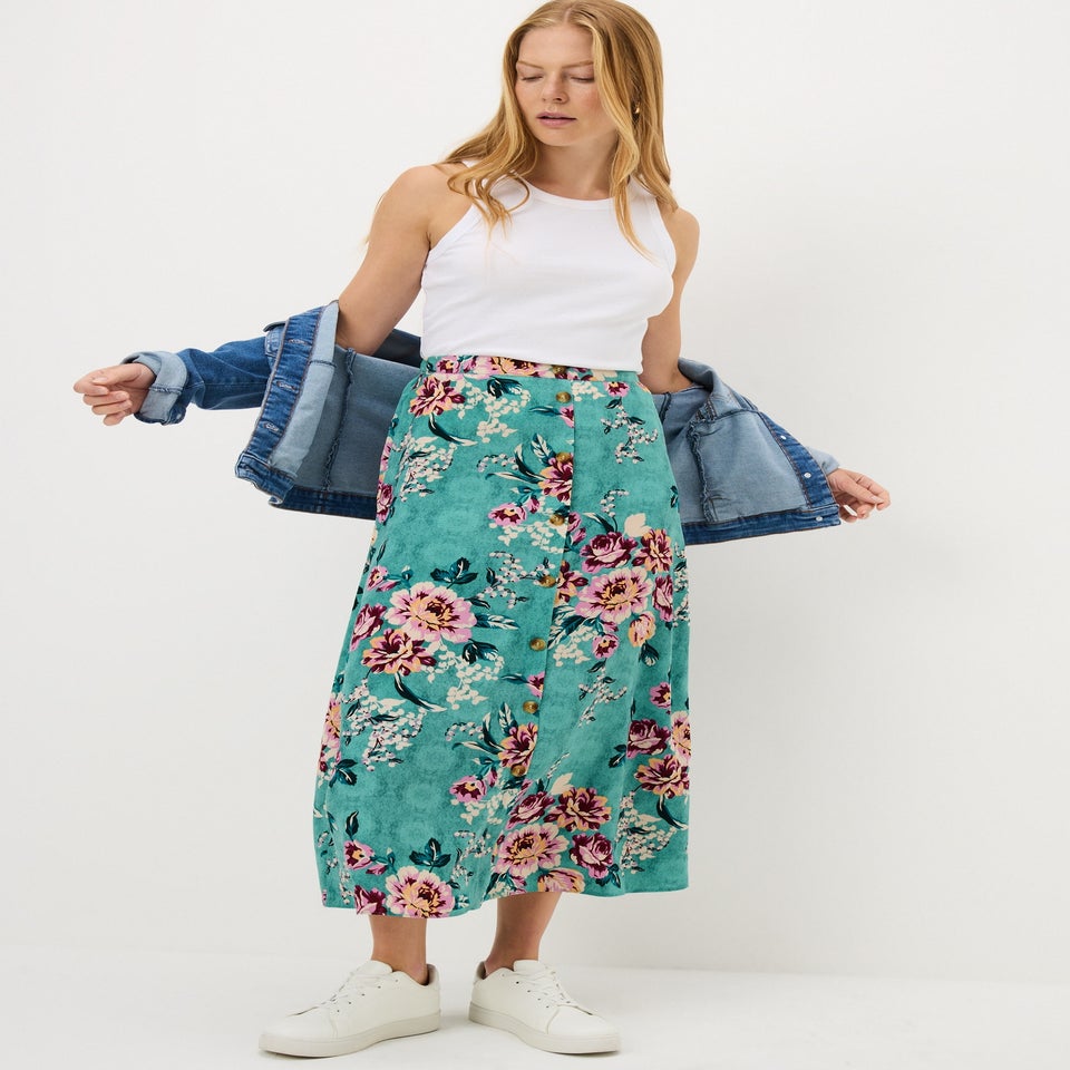Green Floral Button Flared Hem Skirt