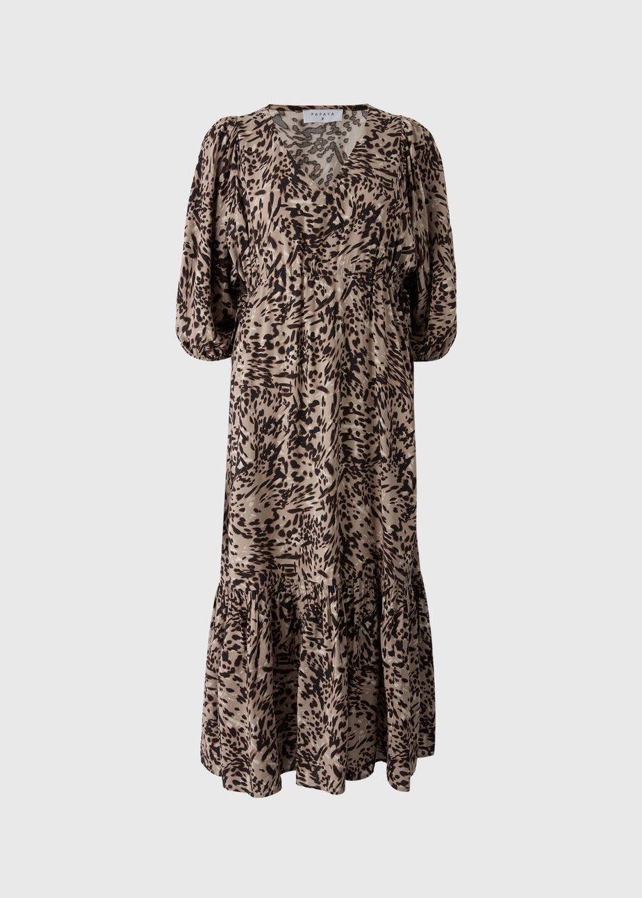 Brown Patterned Puff Sleeve Midi Dress