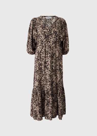 Brown Patterned Puff Sleeve Midi Dress