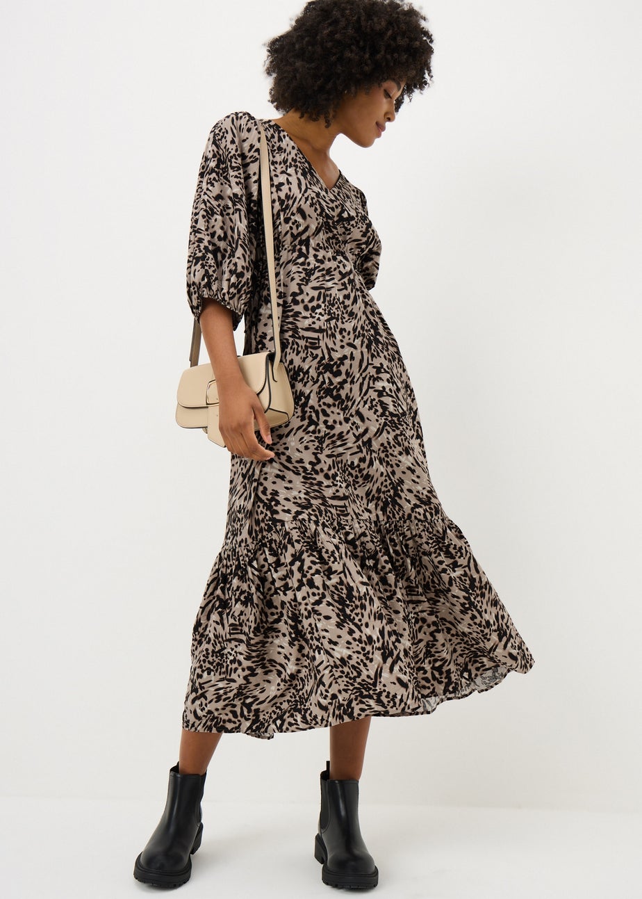 Brown Patterned Puff Sleeve Midi Dress