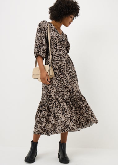 Brown Patterned Puff Sleeve Midi Dress