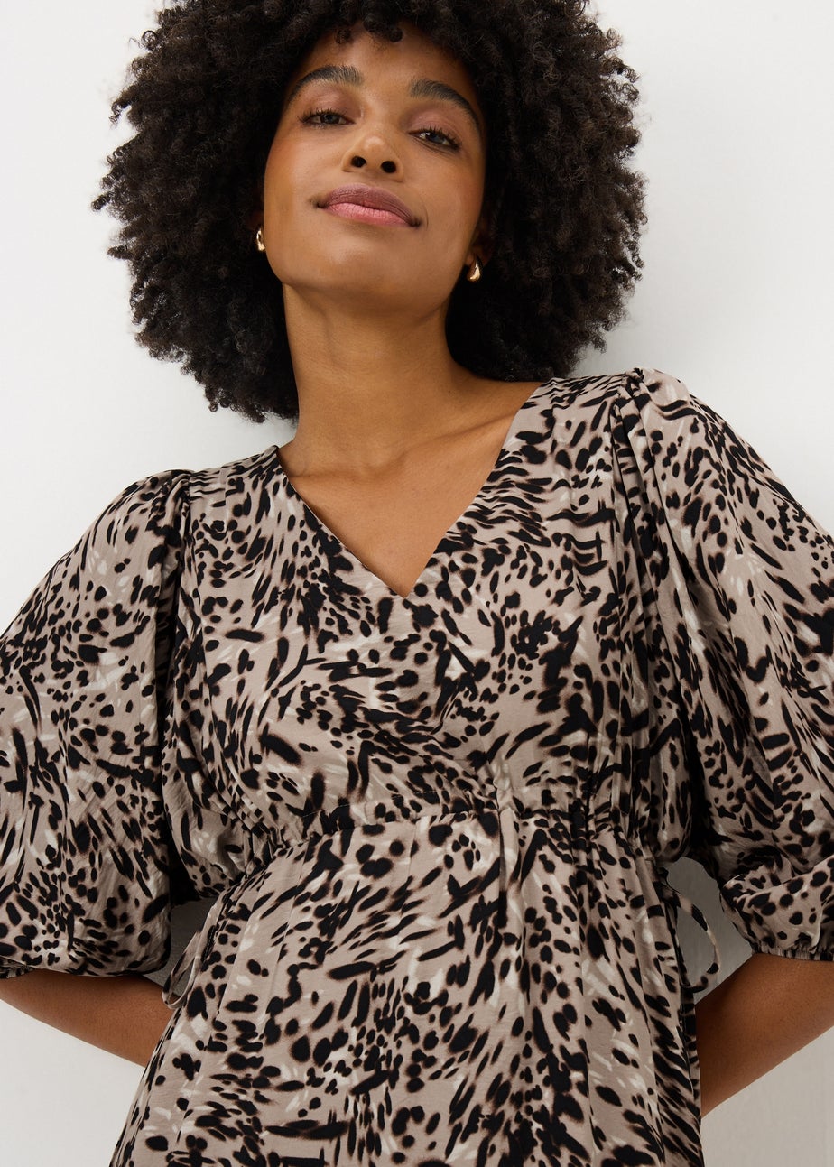 Brown Patterned Puff Sleeve Midi Dress