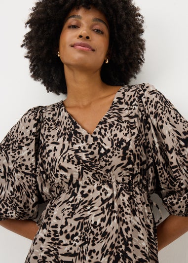 Brown Patterned Puff Sleeve Midi Dress