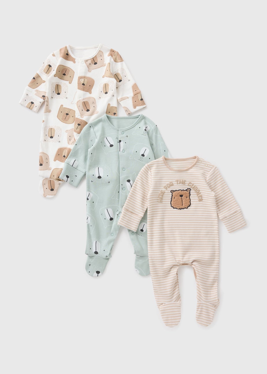 3 Pack Baby Multicolour Bear Sleepsuits (Newbron-18mths)