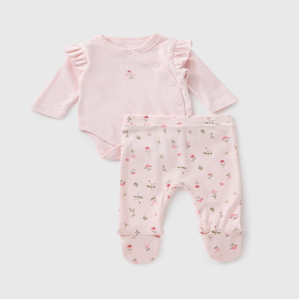 Baby Pink Floral Pointelle Bodysuit & Trousers Set (Newborn-23mths)