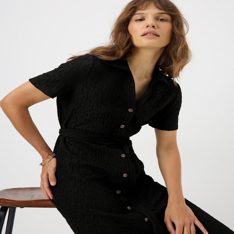 Black Textured Shirt Midi Dress