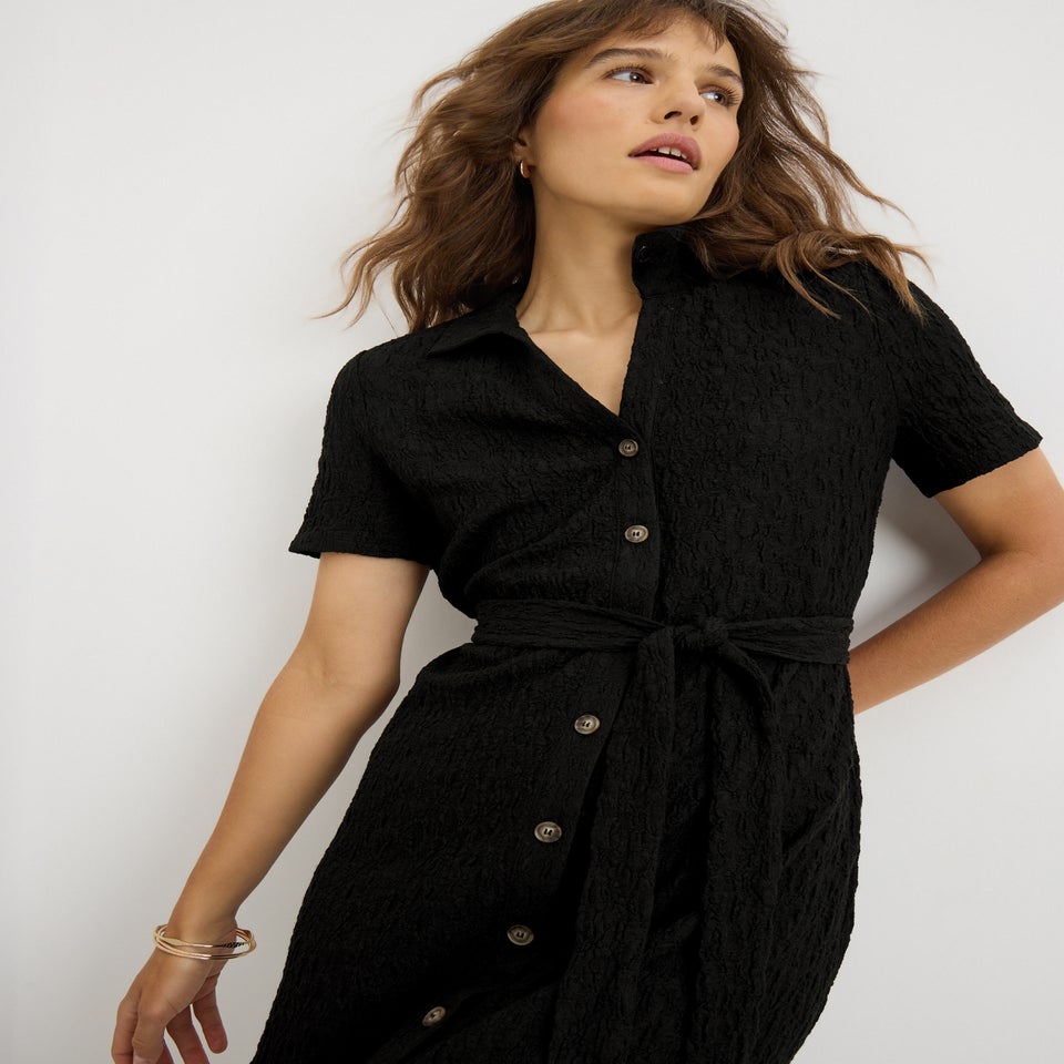Black Textured Shirt Midi Dress