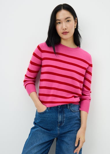 Women's Crew Neck Striped Pink Jumper