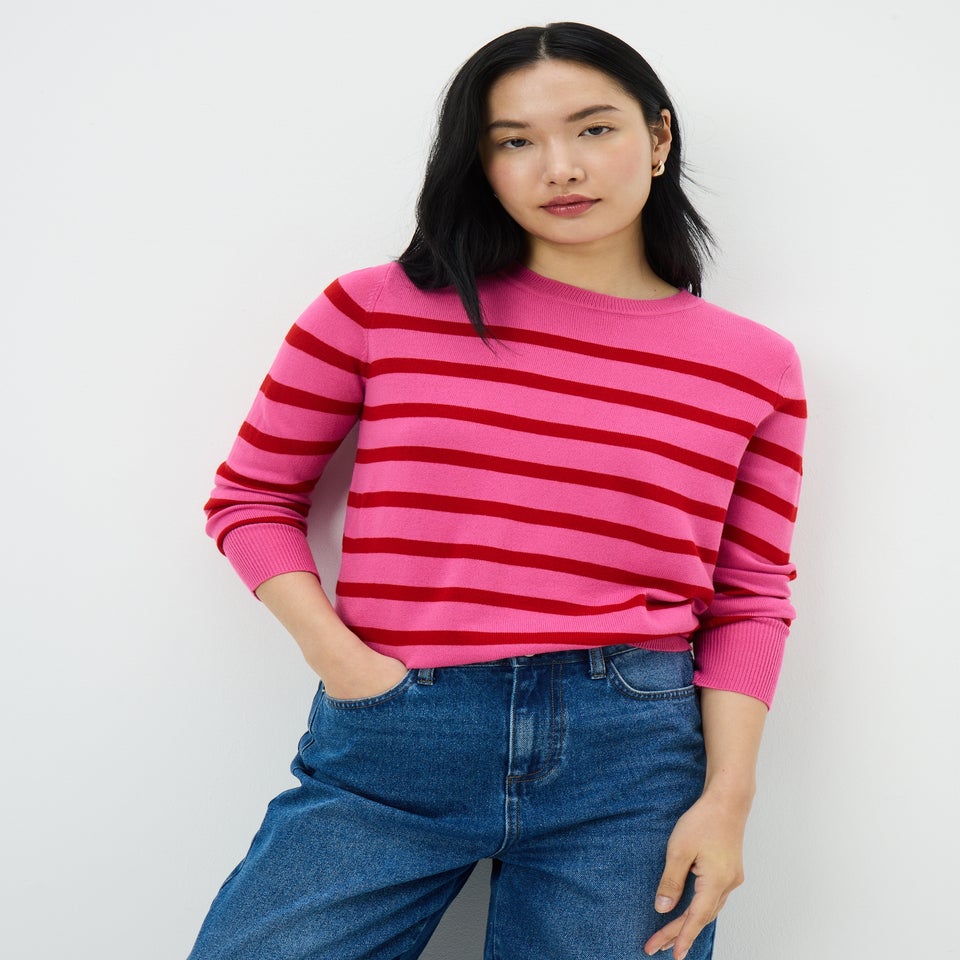 Women's Crew Neck Striped Pink Jumper