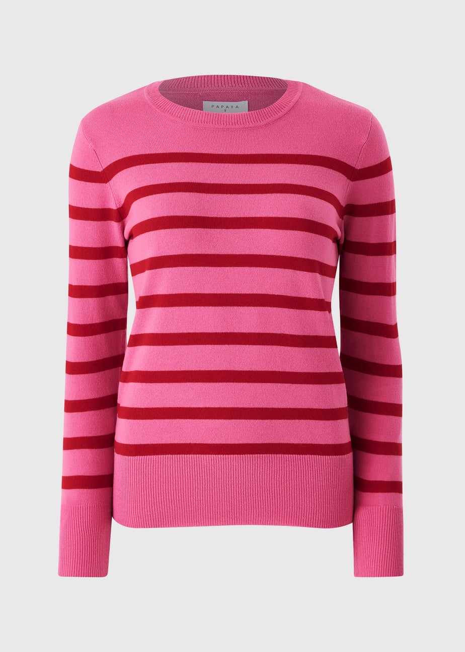 Women's Crew Neck Striped Pink Jumper