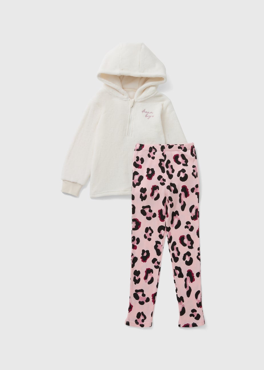 Girls Cream Leopard Fleece Lounge Set (7-13yrs)