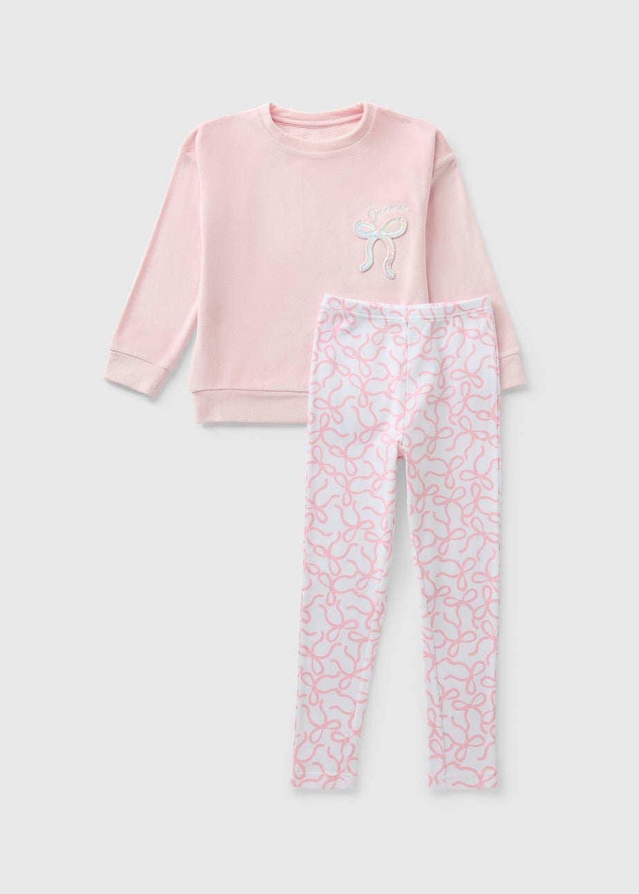 Girls Pink Bow Embossed Pyjama Set (7-13yrs)