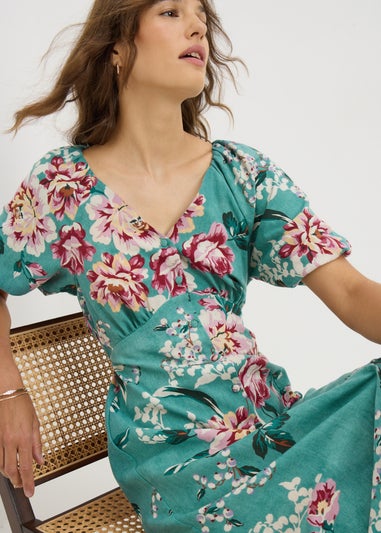 Green Floral Puff Sleeve Midi Dress