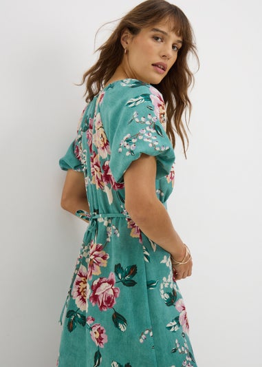 Green Floral Puff Sleeve Midi Dress