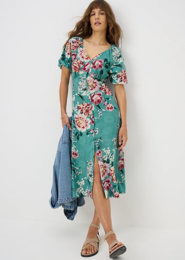 Green Floral Puff Sleeve Midi Dress