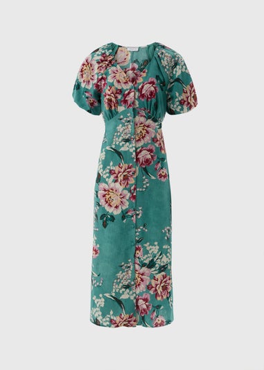Green Floral Puff Sleeve Midi Dress