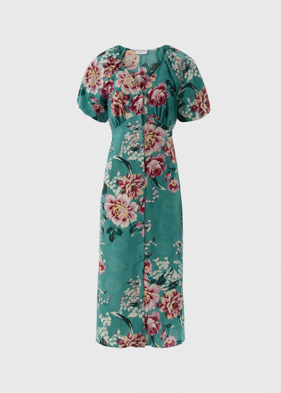Green Floral Puff Sleeve Midi Dress