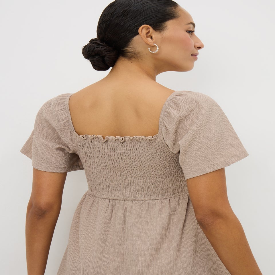 Taupe Shirred Jersey Mini Dress