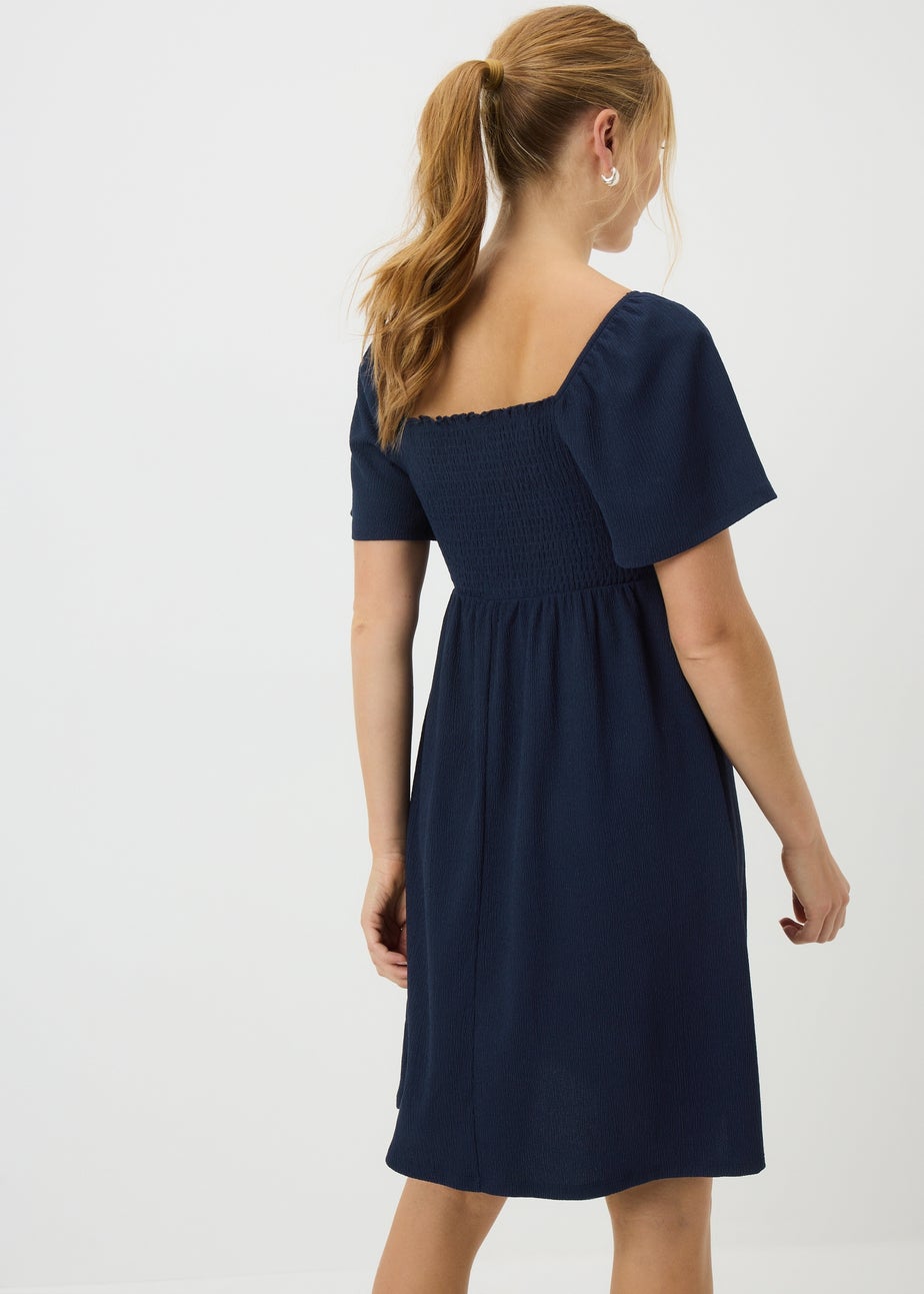 Navy Shirred Mini Dress