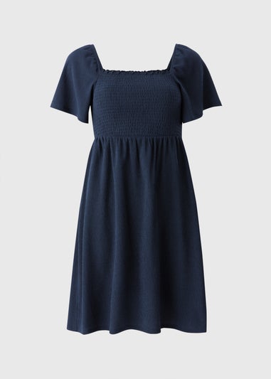 Navy Shirred Mini Dress