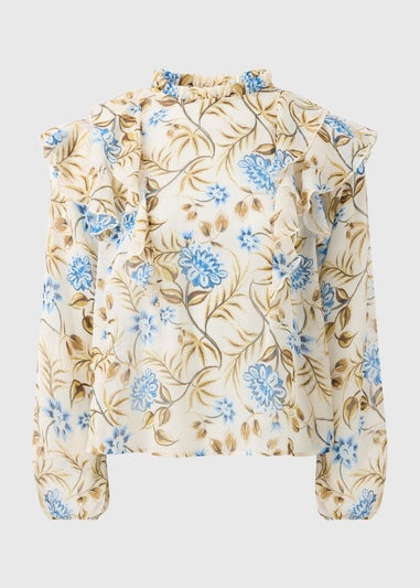 Cream Floral Ruffle Long Sleeve Blouse