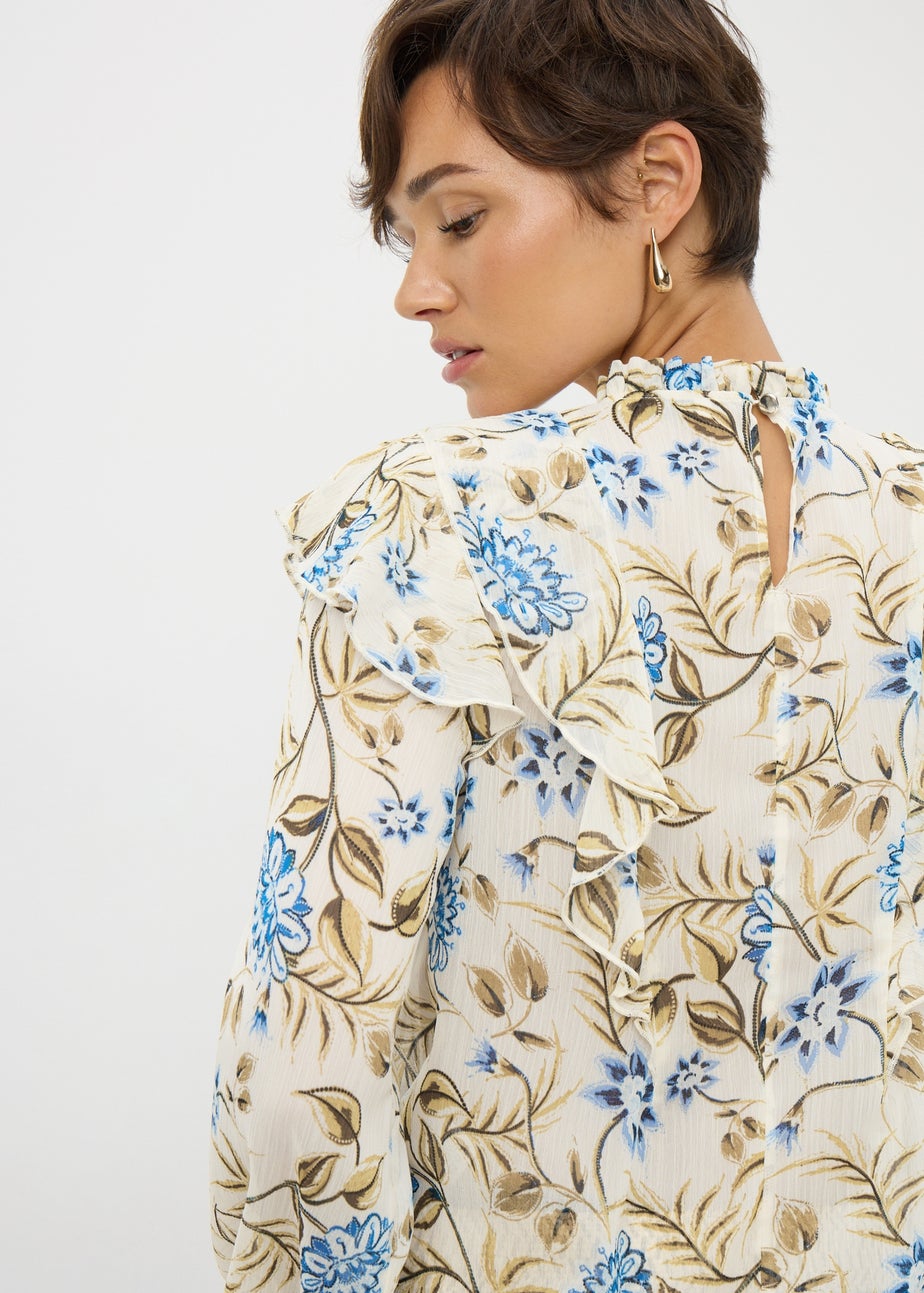 Cream Floral Ruffle Long Sleeve Blouse
