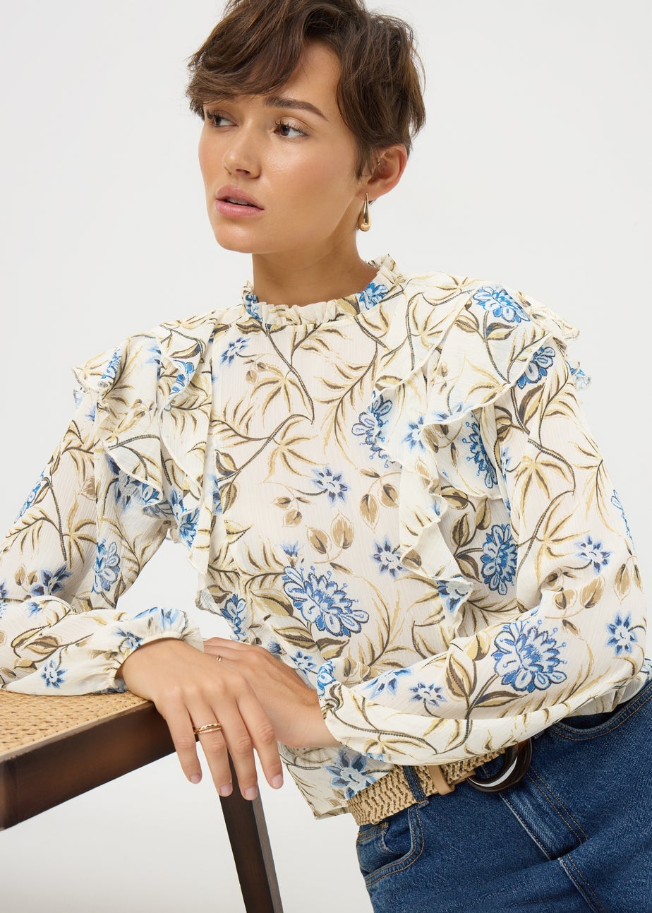 Cream Floral Ruffle Long Sleeve Blouse