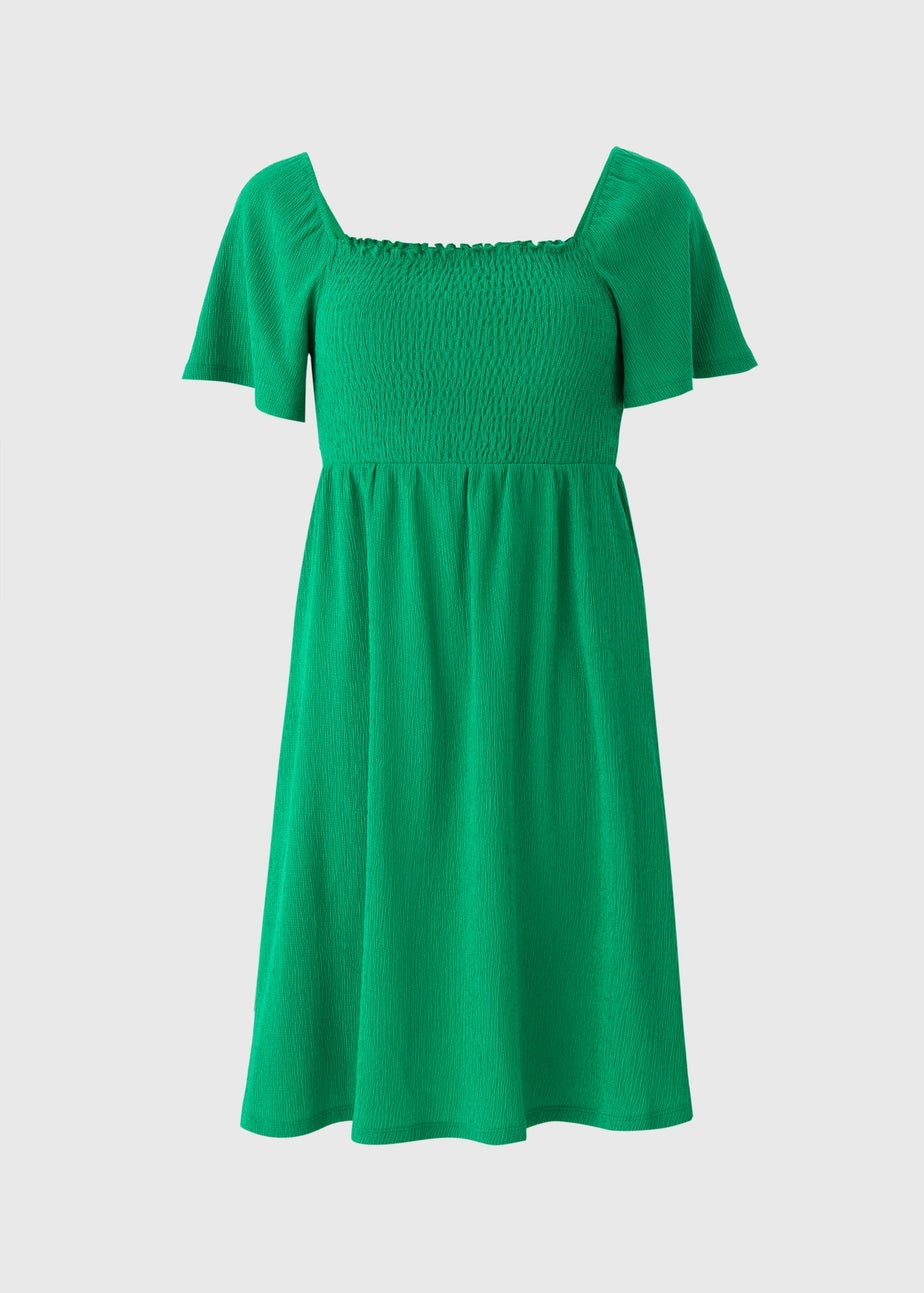 Green Shirred Mini Dress