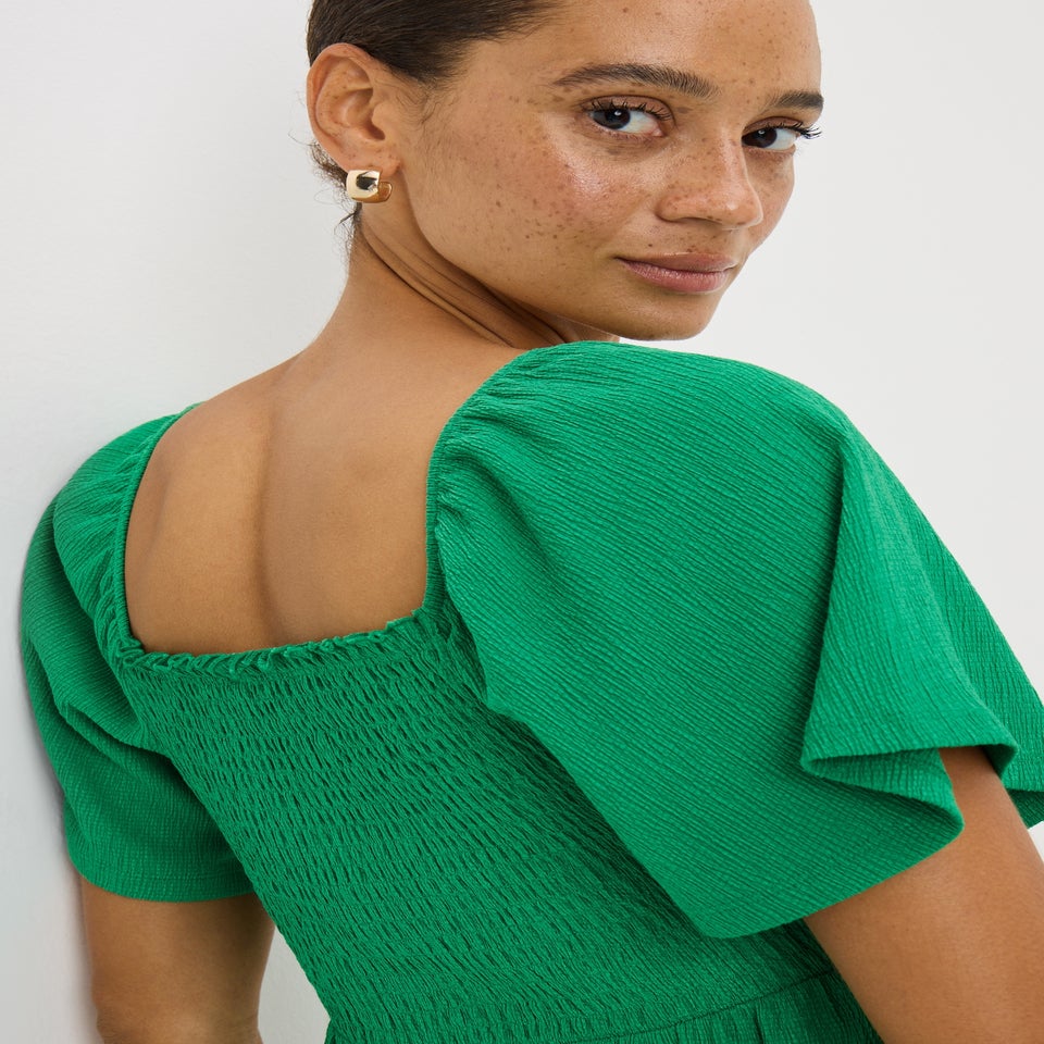 Green Shirred Mini Dress