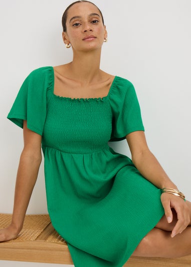 Green Shirred Mini Dress