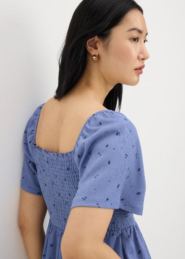 Blue Ditsy Floral Shirred Mini Dress