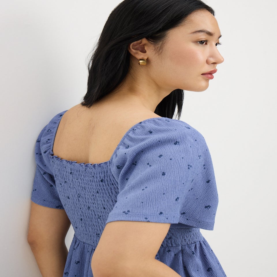 Blue Ditsy Floral Shirred Mini Dress