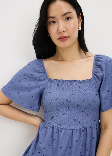 Blue Ditsy Floral Shirred Mini Dress