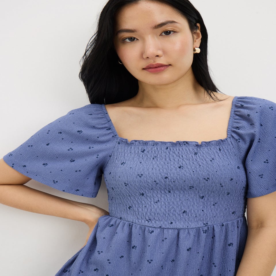 Blue Ditsy Floral Shirred Mini Dress