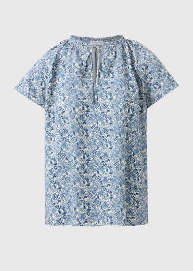 Blue Floral Print Tie Neck Co Ord Blouse
