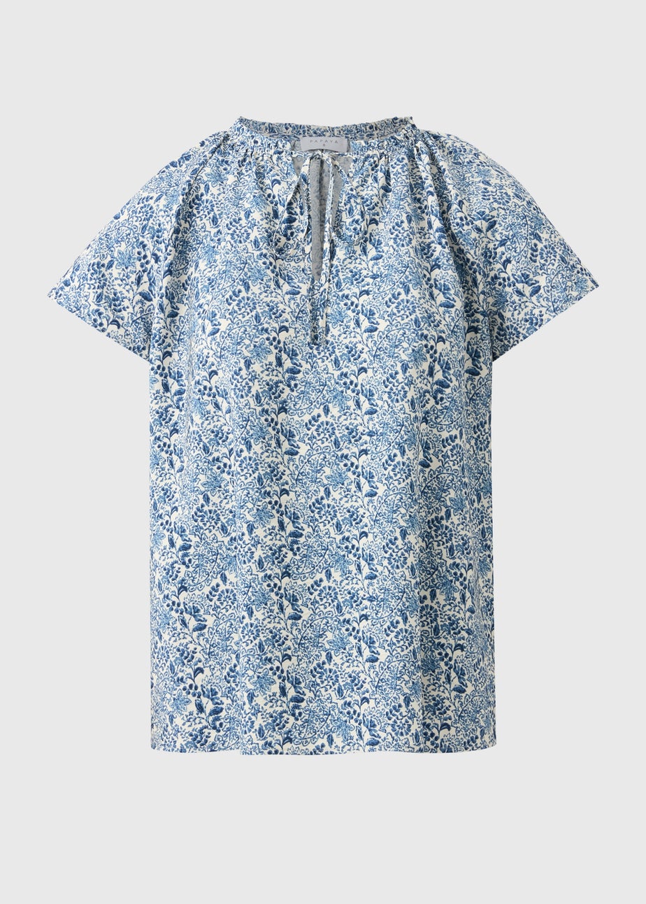Blue Floral Print Tie Neck Co Ord Blouse