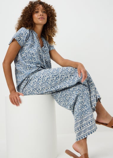 Blue Floral Print Tie Neck Co Ord Blouse