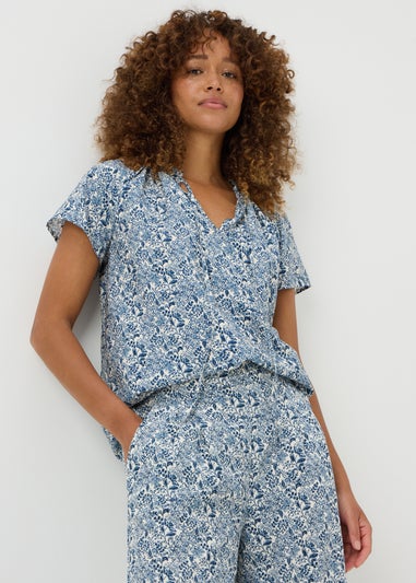 Blue Floral Print Tie Neck Co Ord Blouse
