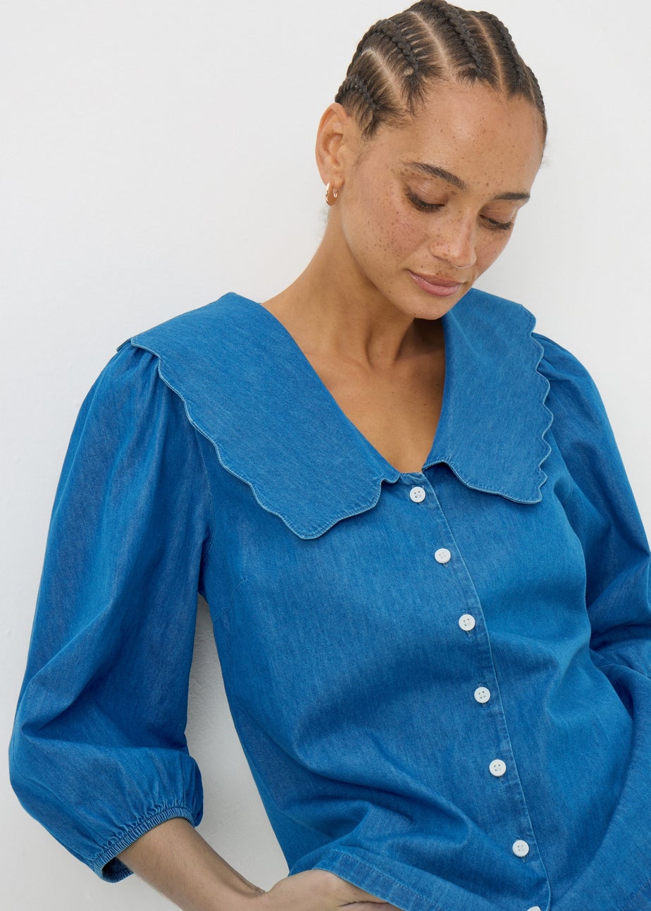 Midwash Denim Scalloped Collar Shirt