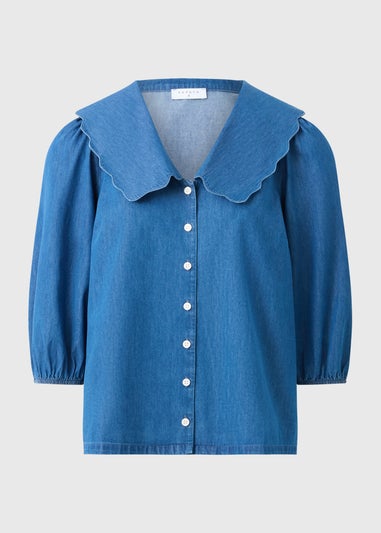 Midwash Denim Scalloped Collar Shirt