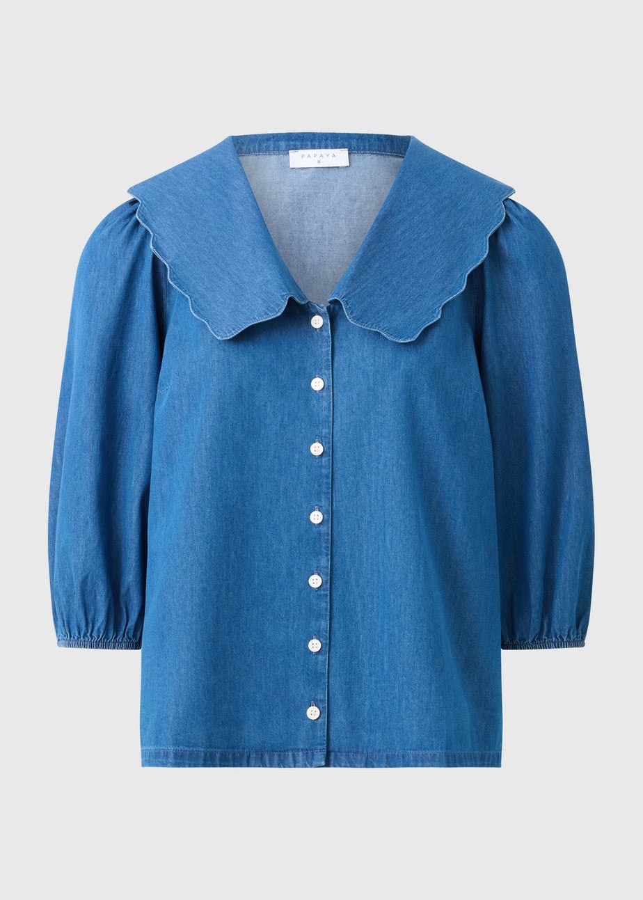 Midwash Denim Scalloped Collar Shirt