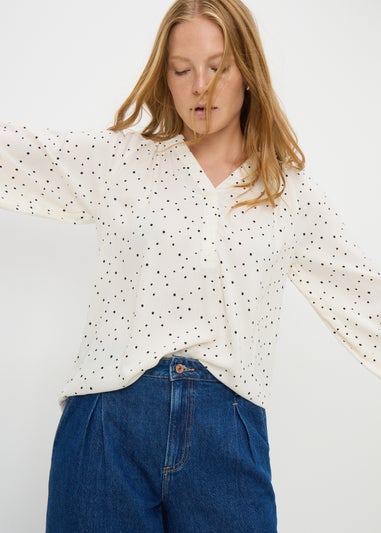 Cream Spot Print V Neck Blouse