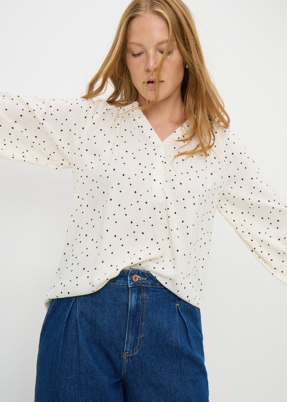 Cream Spot Print V Neck Blouse