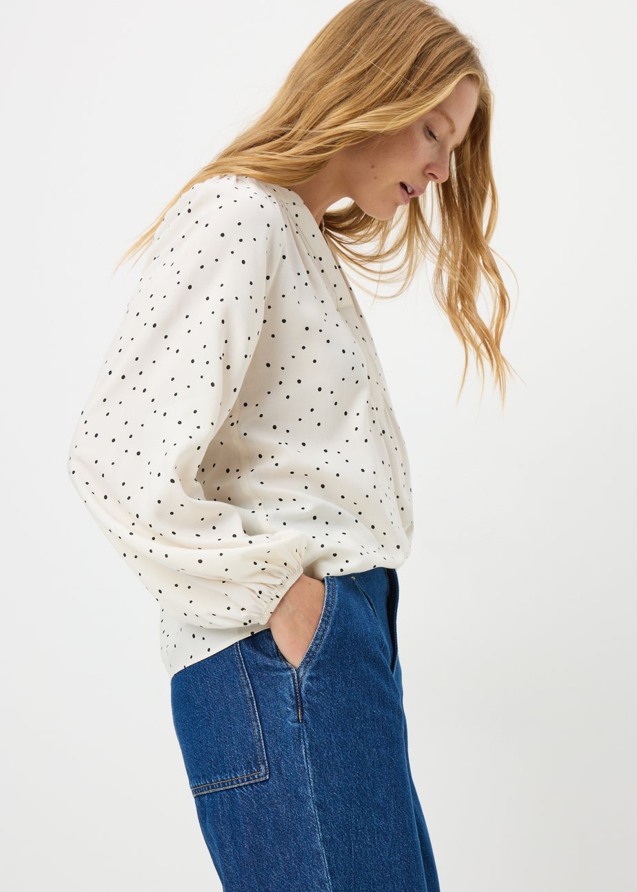 Cream Spot Print V Neck Blouse